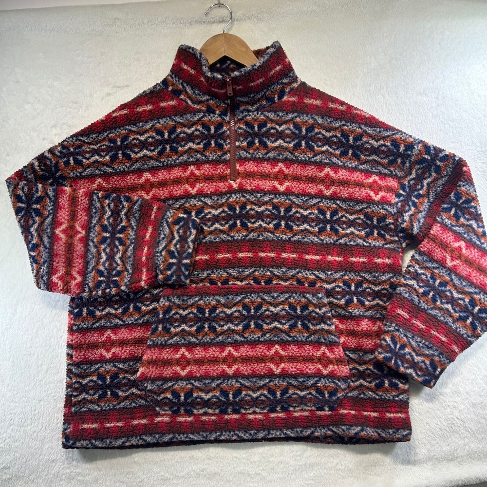 Gorpcore American Eagle Southwestern Fair Isle Sherpa Fleece Pullover Medium Red